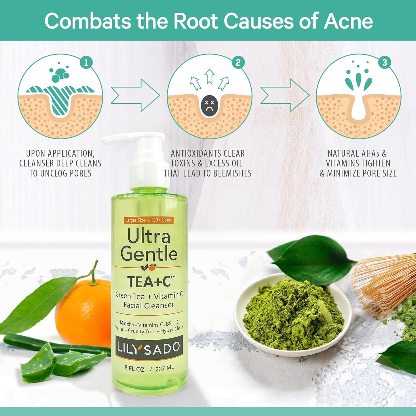 LILY SADO TEA+C™ Green Tea & Vitamin C Face Cleanser – Natural Vegan Antioxidant Daily Face Wash with Aloe, Rosehip, Meadowfoam - Gentle Deep Cleansing for Acne, Blackheads, Blemishes. 8 oz