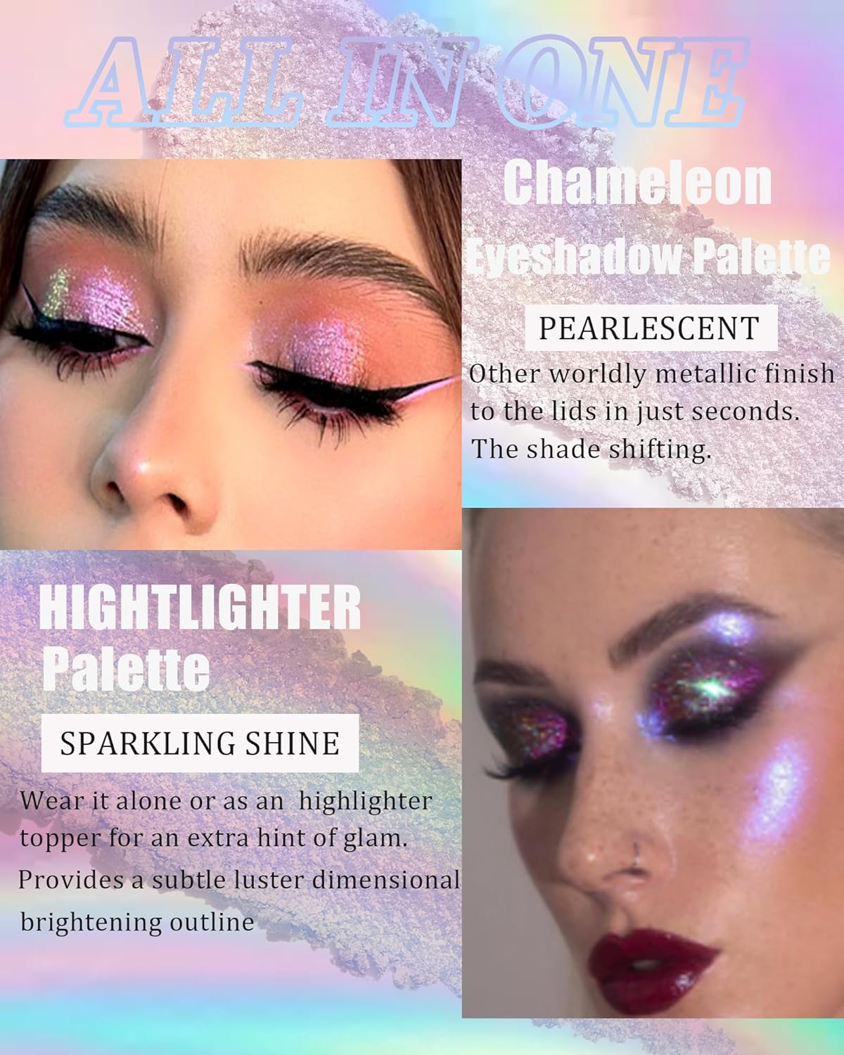 Glitter Holographic Eyeshadow Palette Multichrome Gold Sliver Chameleon Face Highlighter, Sparkling Cream Color Shifting Single Eye Shadow Long Lasting Shimmer Inner Corner Eye Brightener Makeup-03