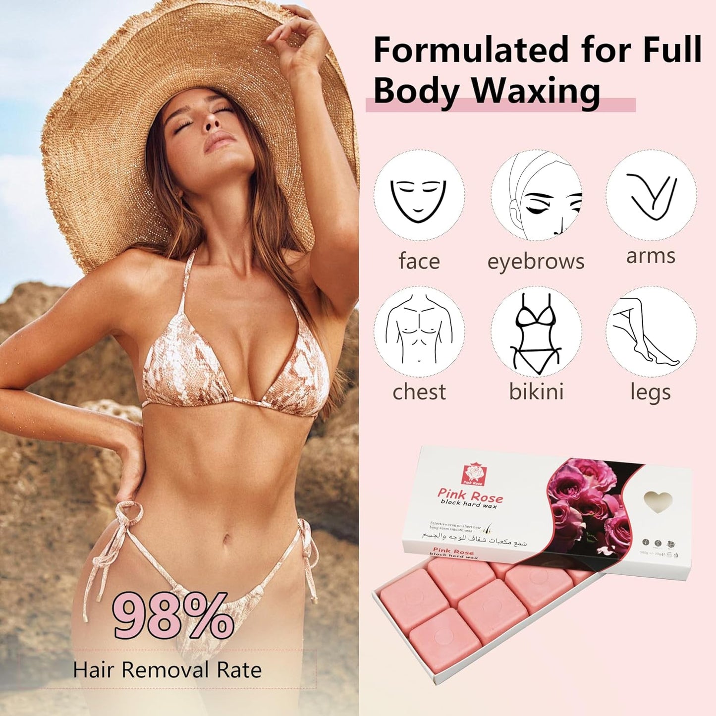 Hard Wax, 1lb Wax Blocks for Hair Removal Sensitive Skin with Rose Formula, Perfect for Full Body, Facial, Brazilian Bikini, and Legs at Home Wax Refill for Women Men