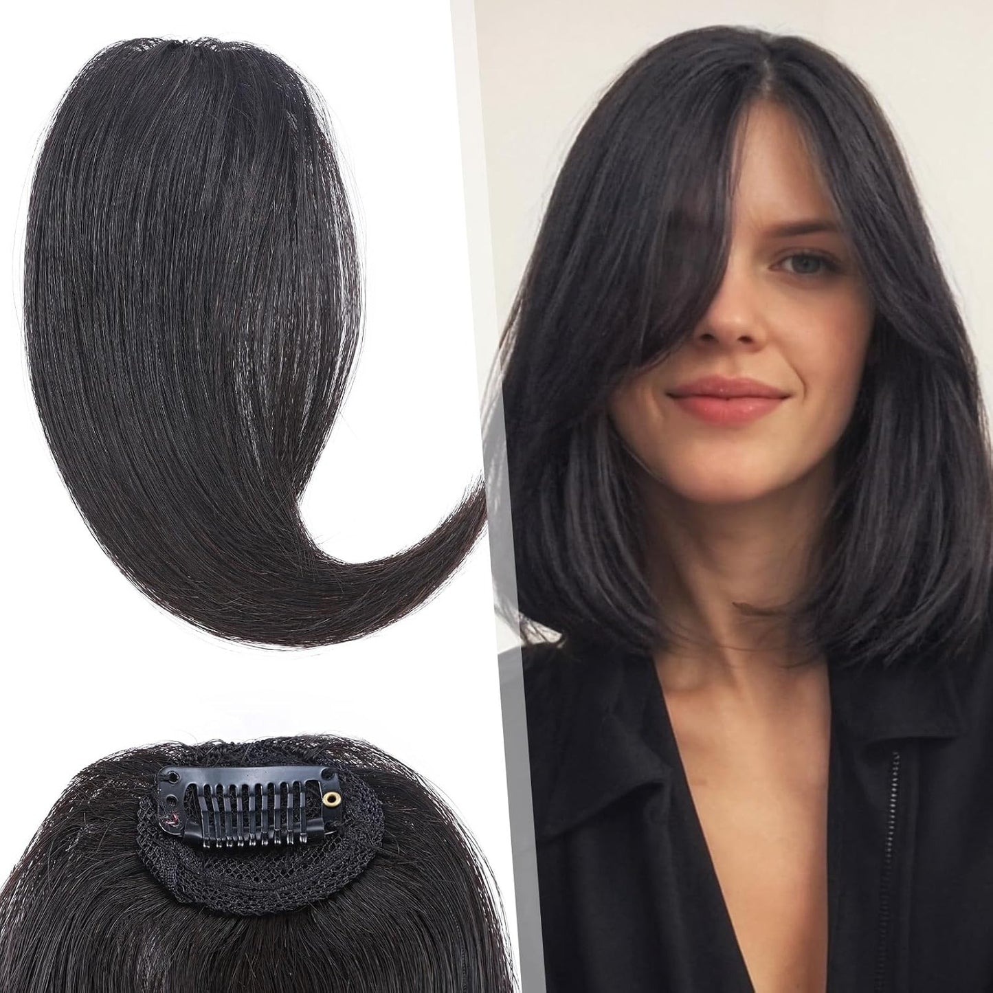 Hairro Clip in Wave Side Bangs Extensions, 100% Human Hair 2 PCS Clip on Middle Part French Bangs Thin Sides Swept Fringe Hairpieces
