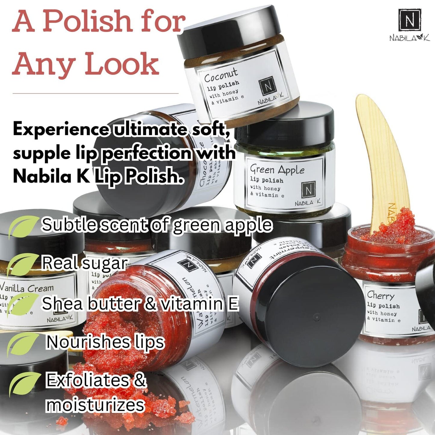 Green Apple Lip Polish, 1 oz by Nabila K - Hydrating Lip Exfoliator & Moisturizer with Honey and Vitamin E for Dry and Chapped Lips - Cruelty-Free, Real Sugar, Made in USA