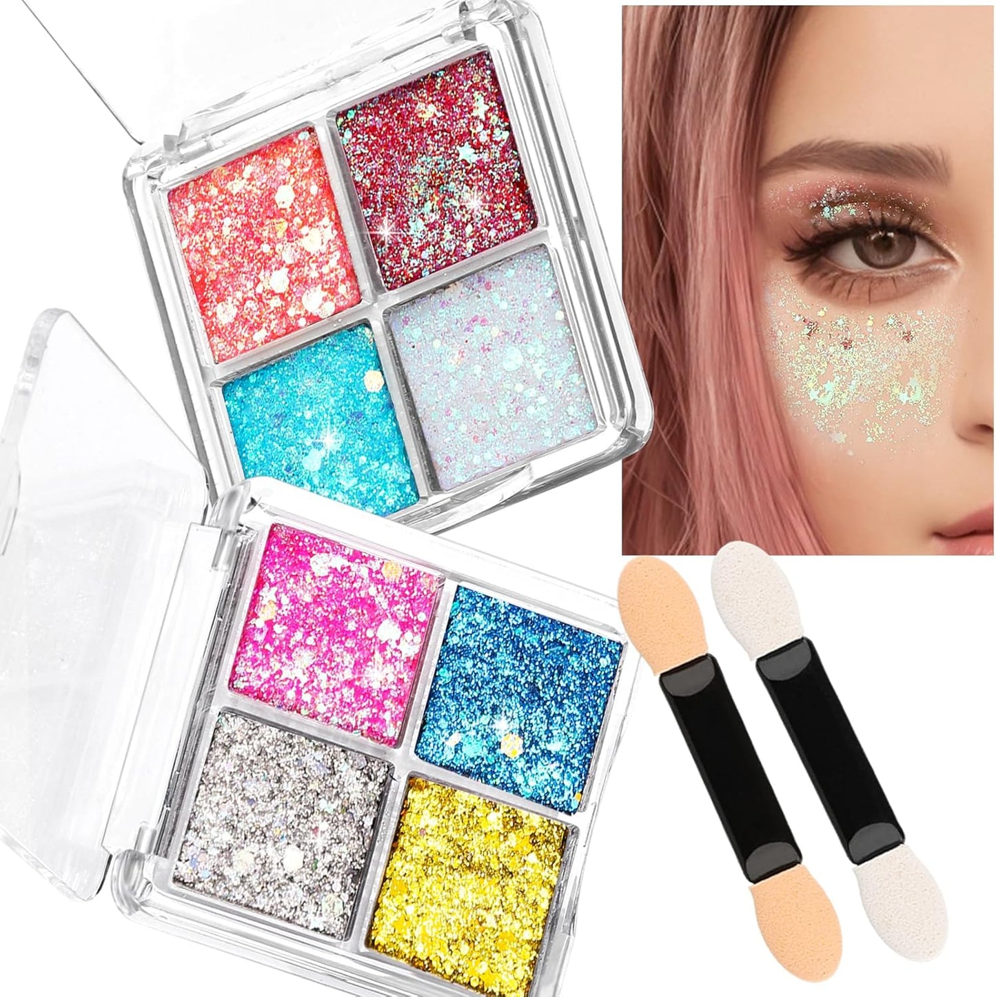 FANDAMEI Face Glitter, Body Glitter for Women, 2PCS 8 Colors Glitter Gel for Face, Hair Glitter for Kids, Fairy Rave Mermaid Makeup