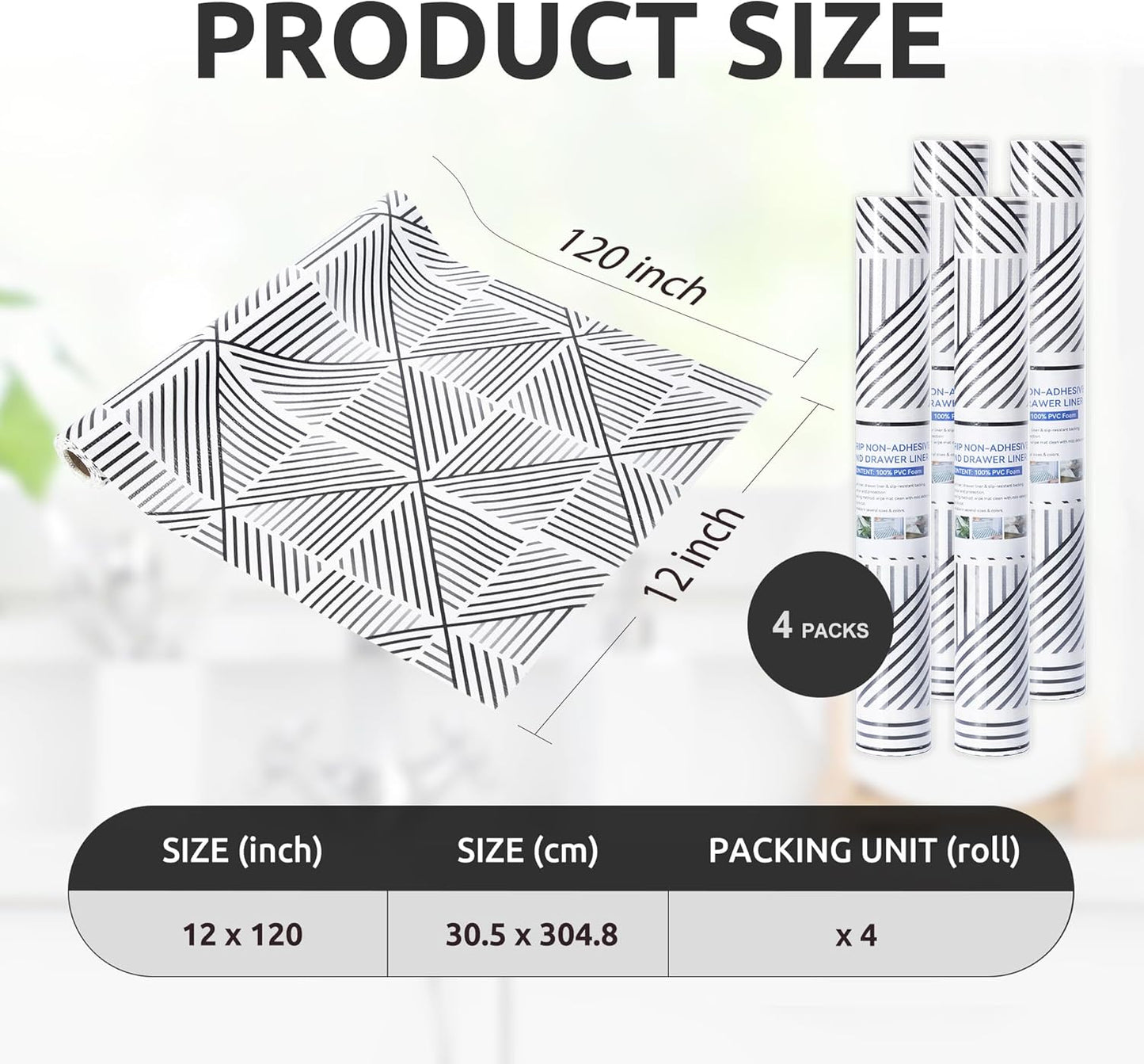 RAY STAR 12X120 Inch Shelf Liner for Kitchen Cabinets, Non-Adhesive Cabinet Liner Washable, PVC Drawer Liner for Dresser Non-Slip Bathroom (Classic Black)(4 Roll)