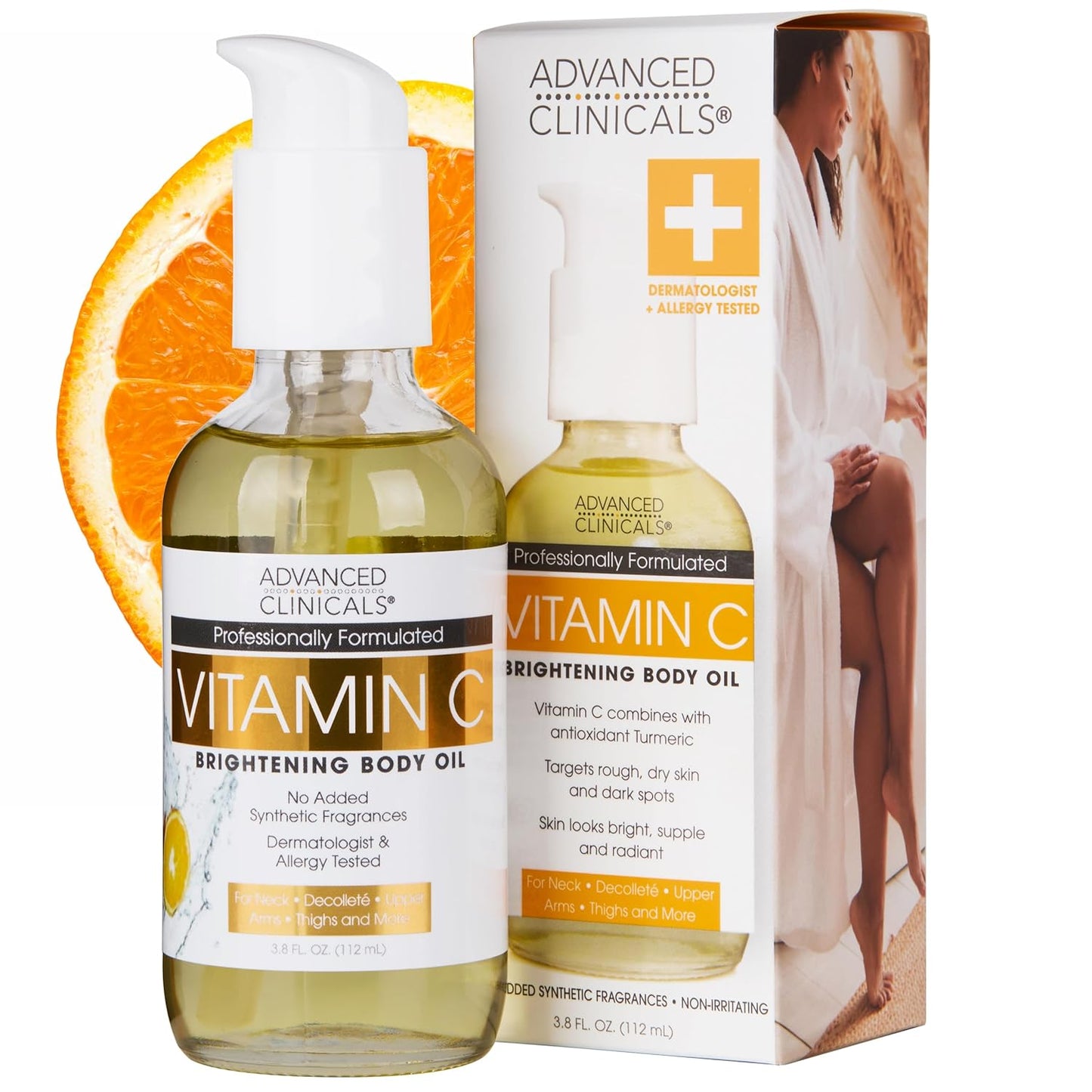 Advanced Clinicals Brightening Vitamin C Body Oil For Women & Men | Vitamin C Glow Oil Skin Care Body Moisturizer With Vitamin E + Botanicals To Help Improve Look Of Dark Spots + Dry Skin, 3.8 Fl Oz