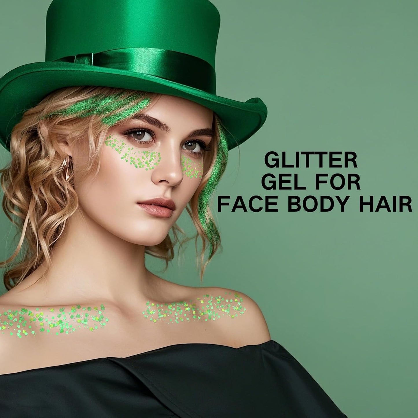 Green Face Glitter Gel,4 Styles St Patricks Day Body Glitter,Singer Concert Outfit for Women,Sparkling Hair Glitter Makeup Rave Festival Accessories,40g/1.41 oz