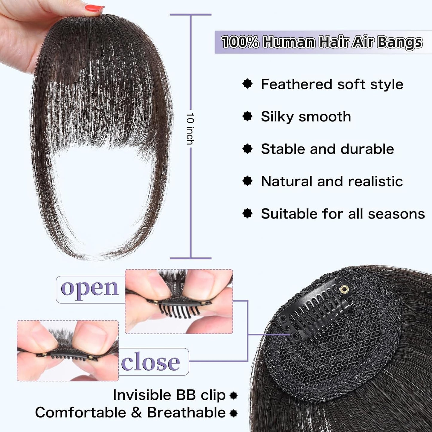 Wispy Bangs Hair Clip, 100% Human Hair Clip In Brown Black Bangs for Women, Soft Layered Fake Bangs with Feathered Fringe, Easy Clip-On Design for Daily Wear & Halloween