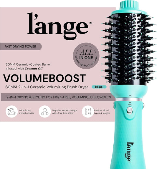 L'ANGE HAIR VolumeBoost 60mm 2-in-1 Ceramic Volumizing Brush Dryer | Fast Drying & Styling for Frizz-Free, Voluminous Blowouts | Ceramic-Coated Barrel (Blue)