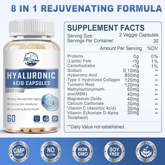 Nature's live Hyaluronic Acid Supplements, 850mg High Bioavailable Dietary Hyaluronic Acid Capsules, Double Strength Joint Lubrication, Skin Hydration, Hair & Nails Support, 60 Softgels, 2 Pack