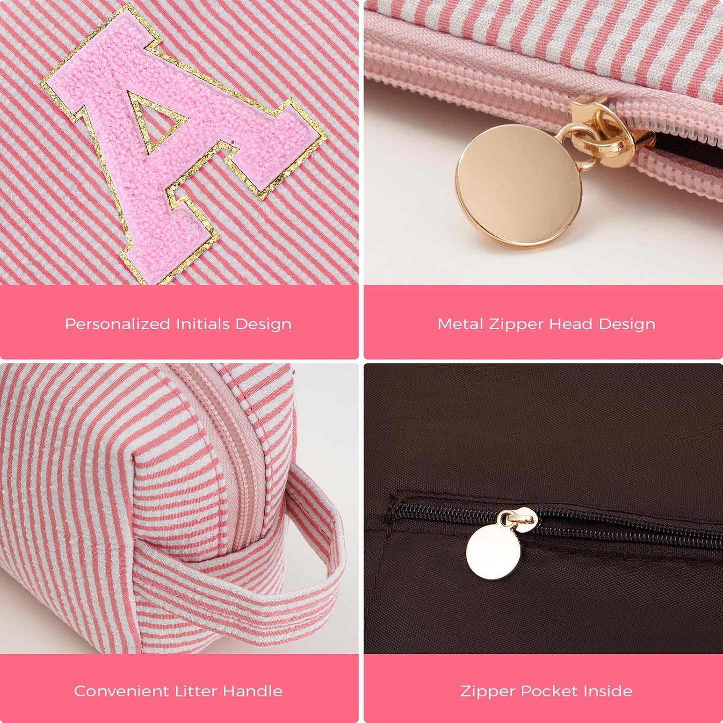 Makeup Bag Set Initials Cosmetic Bag,Gifts for 10 11 12 13 14 15 16 17 18 Years Old Girl Girlfriend Teen Girls Gift Trendy Stuff Personalized Toiletry Bag Travel - Peach,A