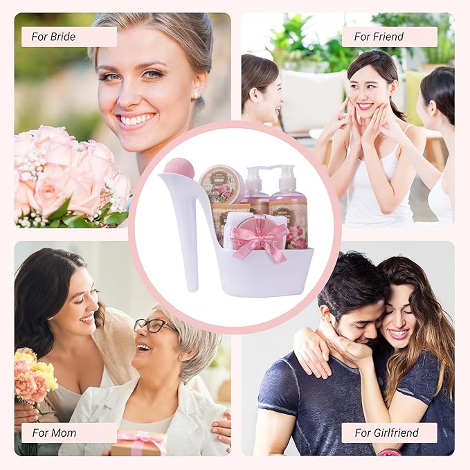 Draizee Mothers Day Gifts for Mom - Spa Gift Baskets for Women - 8 Pcs Luxury Rose Scented Heel Shoe Design Bath and Body Spa Set-Self Care Package for Women, Presents for Mom, Body Care Set for Her