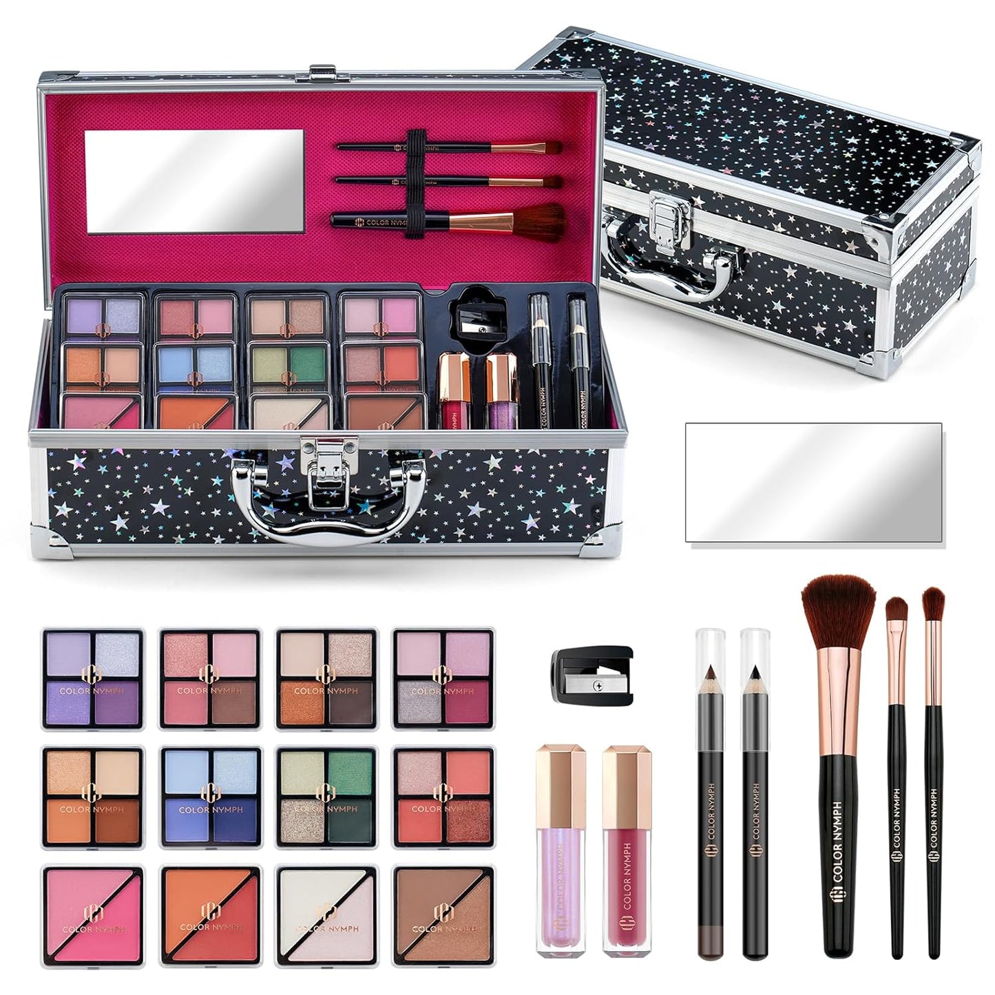 Color Nymph Makeup Kit for Teen Girls, All-in-One Beginner Makeup Set with Eyeshadow, Blush, Highlighter, Bronzer, Contour, Lipsticks, Eyeliner, Brushes & Mirror in Train Case (Starry Black)