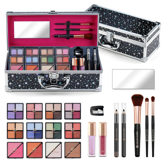 Color Nymph Makeup Kit for Teen Girls, All-in-One Beginner Makeup Set with Eyeshadow, Blush, Highlighter, Bronzer, Contour, Lipsticks, Eyeliner, Brushes & Mirror in Train Case (Starry Black)