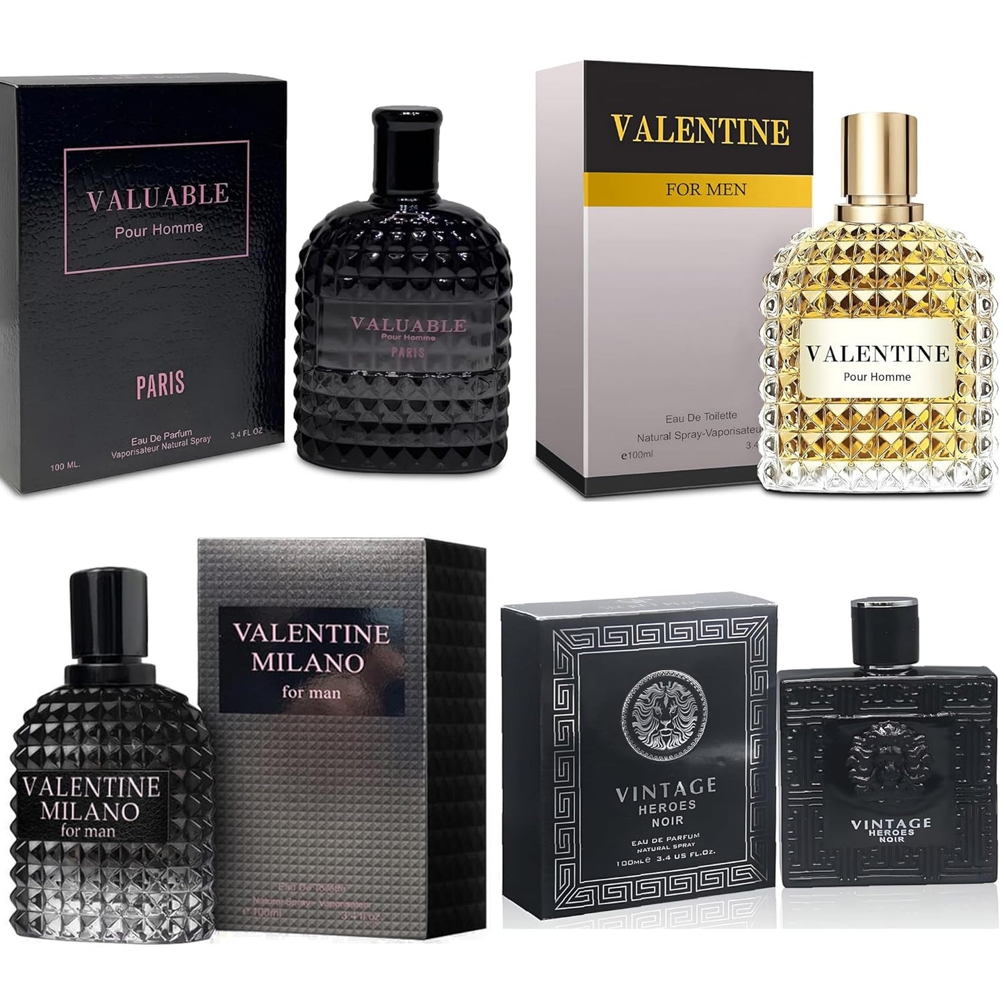 Men's Cologne Gift Set Include Valentine Milano,Valentine,Vintage Heroes Noir & Valuable Paris - 3.4 Fl Oz Each | Vanilla Bourbon, Leather & Amber Floral Fragrance Eau de Toilette Perfume
