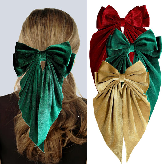 3 PCS Large Velvet Hair Bows, Oversized Long Tail Bows with Aliigator Clips, Coquette Hair Accessories for Women and Girls (Wine Red - Green - Kaki)