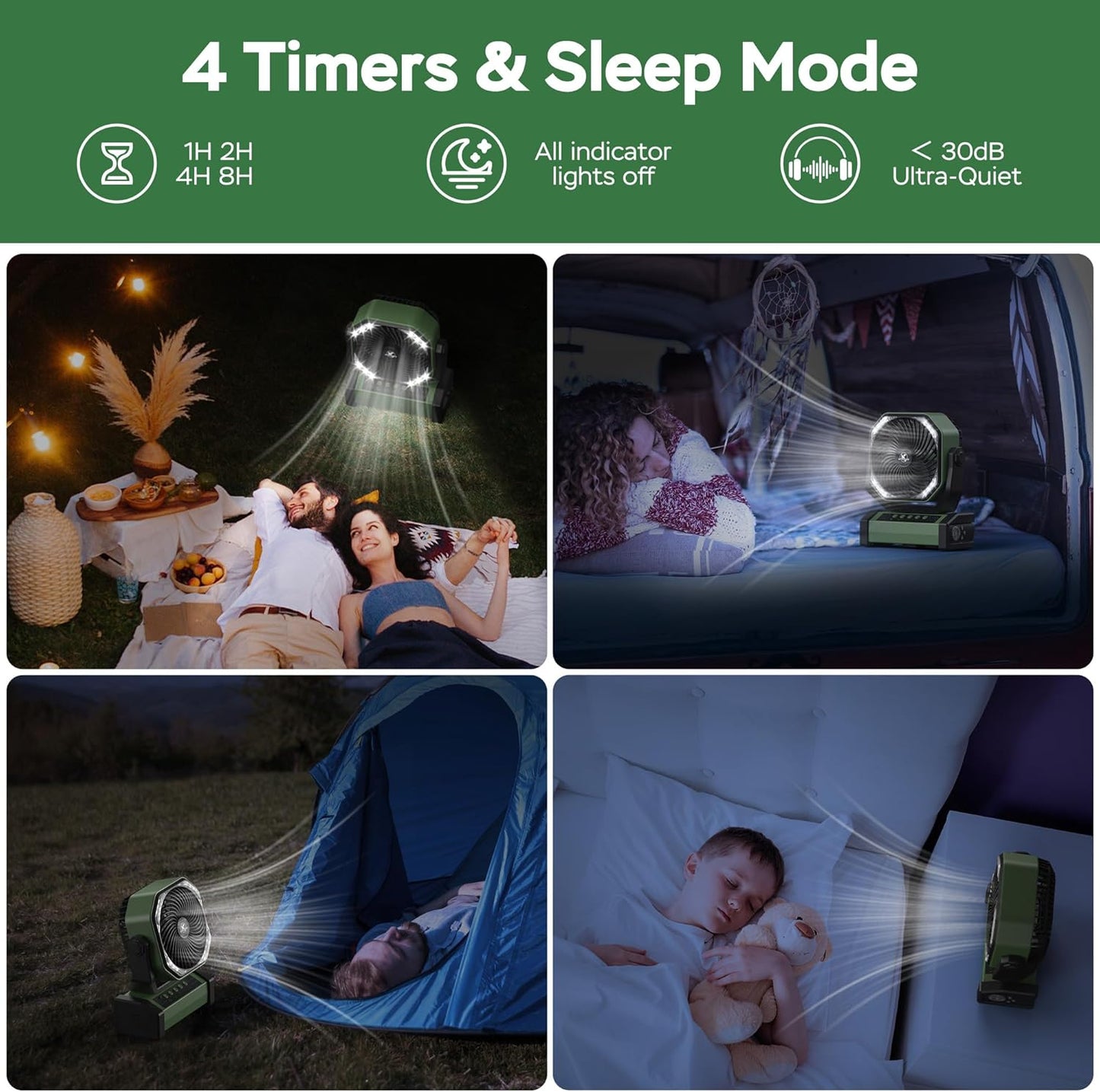 KITWLEMEN Camping Fan with Light - 20000mAh Rechargeable Battery Fan, 60Hrs Max Run Time, 4 Speeds, Timer, Auto Oscillation, 270° Pivot & Hook for Camping, Power Outage, Hurricane