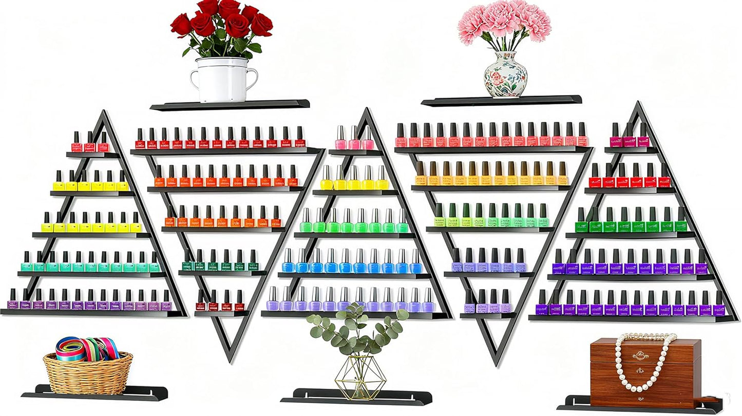 10 Packs Metal Nail Polish Storage Racks, 5 Tiers Wall-Mounted Triangular Display Rack Holds 600 Bottles Cosmetic Display Cases & Lipstick Perfume Display Rack for Home Spas Salons (Black)