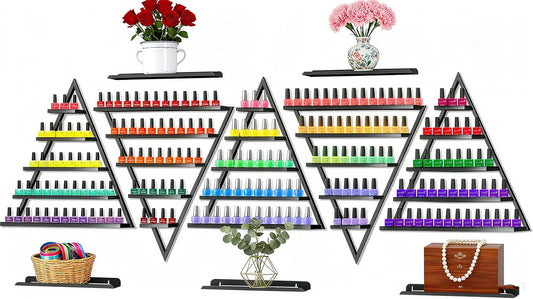 10 Packs Metal Nail Polish Storage Racks, 5 Tiers Wall-Mounted Triangular Display Rack Holds 600 Bottles Cosmetic Display Cases & Lipstick Perfume Display Rack for Home Spas Salons (Black)