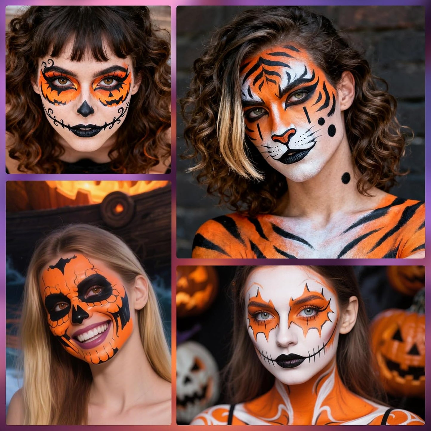 Orange Black White Oil Based Face Paint Kit with Painting Brushes, Professional Full Coverage Greasepaint for Adults Halloween Cosplay SFX Tiger Pumpkin Makeup Carnival Theater Stage