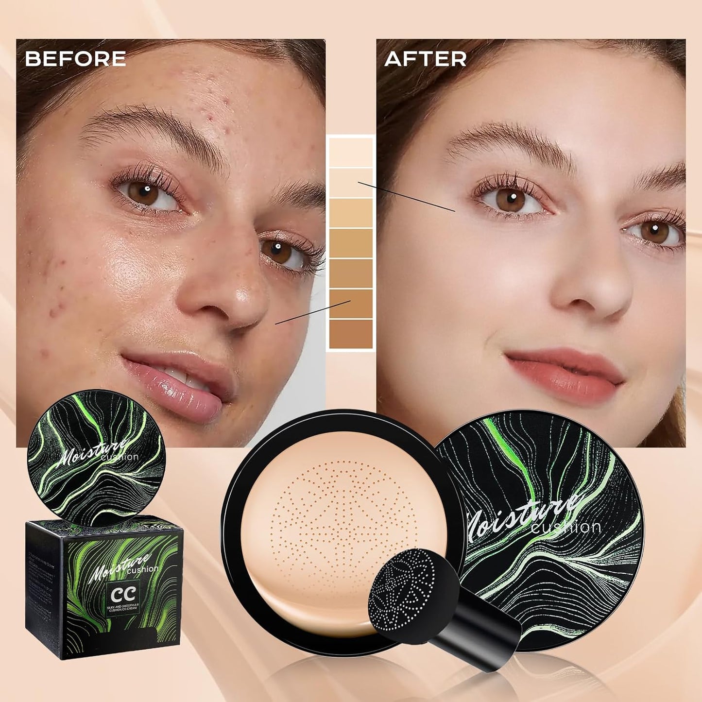 Mushroom Head Air Cushion CC Cream - BB Cream Foundation Makeup Moisturizing Concealer Long-Lasting, Cushion Foundation Full Coverage Self Adjusting for Mature Skin & All Skin Types (Nude)