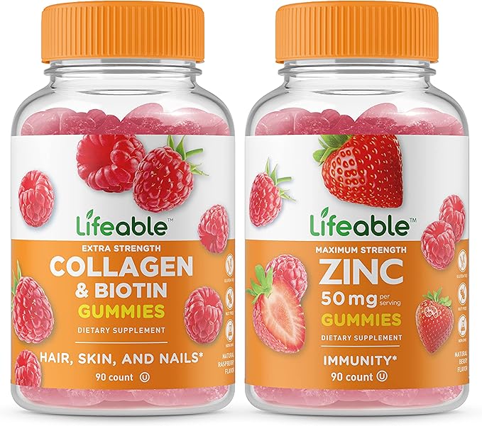 Lifeable Collagen & Biotin + Zinc 50mg, Gummies Bundle - Great Tasting, Vitamin Supplement, Gluten Free, GMO Free, Chewable