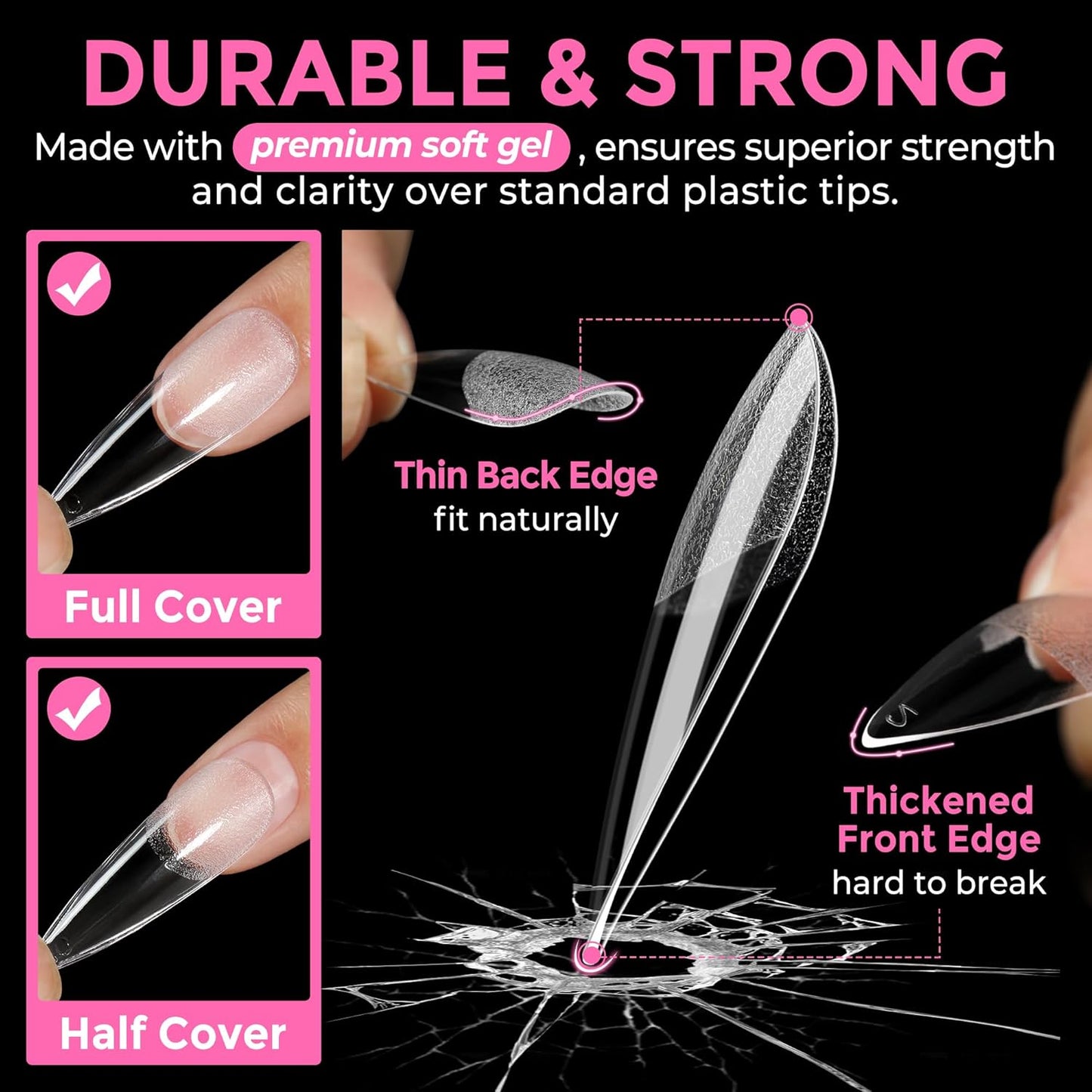 UNA GELLA Long Stiletto Gel Nail Tips: 216pcs Halloween Stiletto Almond Fake Nails Pre-Shape Long Almond Press Ons for Full Cover Acrylic French False Nails for Nail Extension DIY Salon 12 Sizes