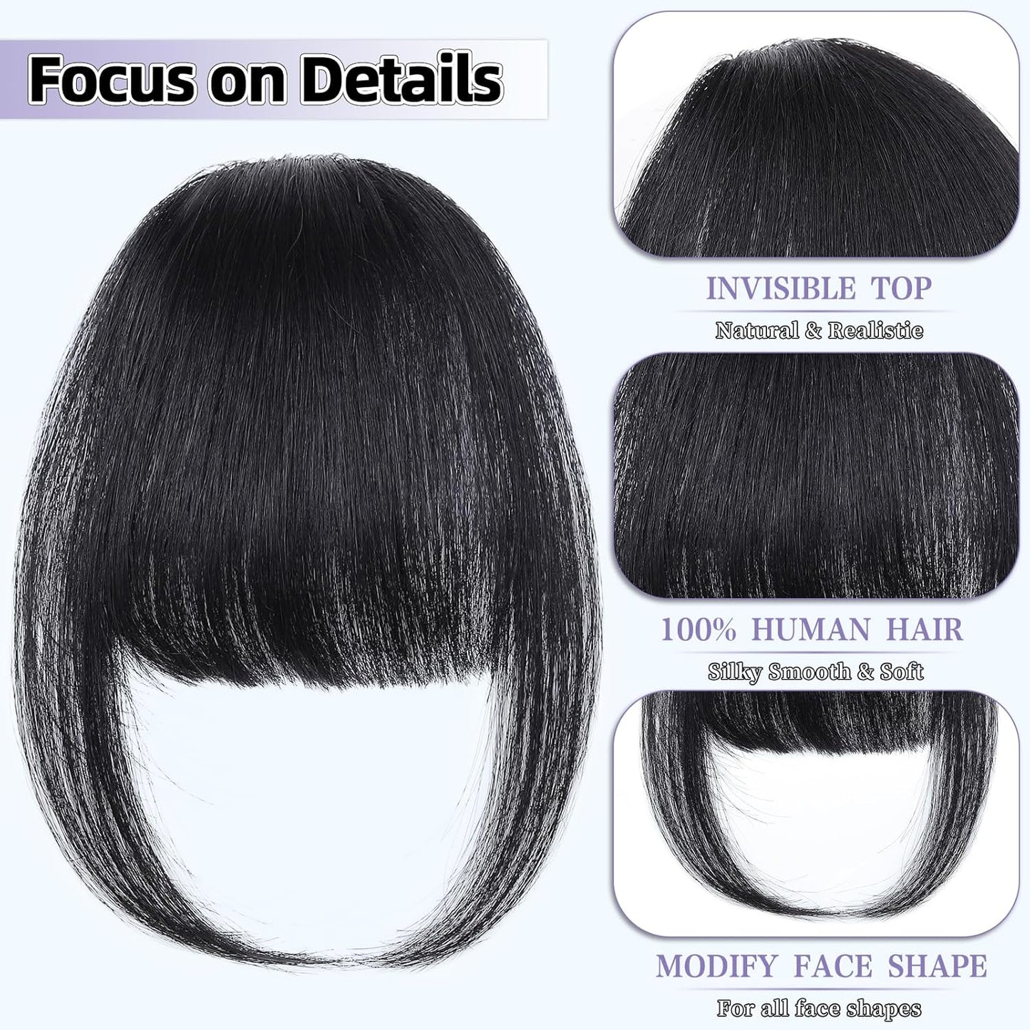 Wispy Bangs Hair Clip, 100% Human Hair Clip In Natural Black Bangs for Women, Soft Layered Fake Bangs with Feathered Fringe, Easy Clip-On Design for Daily Wear & Halloween