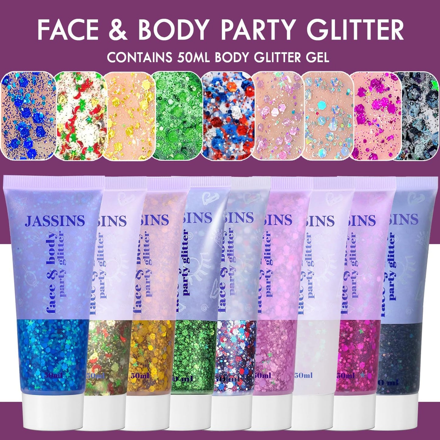 JASSINS 2PCS Body Glitter, 100ml Rose-Purple and White Face Glitter for Women Girls Kids, Glitter Gel Makeup Tween Gifts, Singer Concerts Festival Rave Accessories, Chunky Mermaid Sequins Glitter