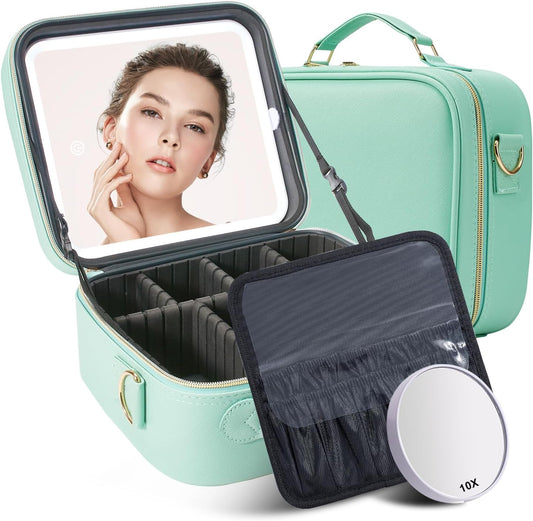 Mocado Travel Makeup Bag with LED Lighted Mirror, Travel Makeup Organizer, Makeup Case with 3 Color Lighted Setting and 10x Magnifying Mirror, Portable Storage and Adjustable Dividers (Powdery Green)