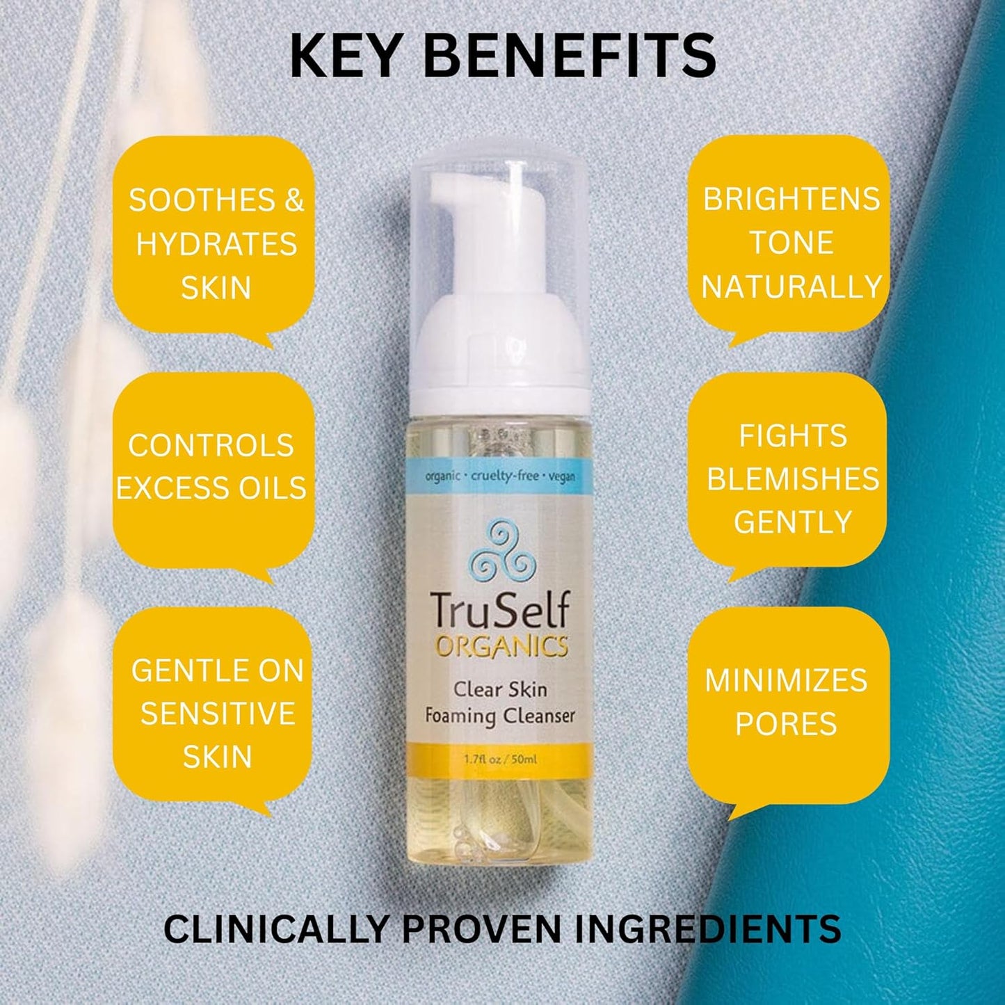 Deep Cleansing Clear Skin Face Wash - TruSelf Organics Acne Fighting Foaming Cleanser for Oily Combination Skin - Organic Pore Cleanser with Tea Tree Oil Control - Vegan USA Made Travel Size 1.7 oz