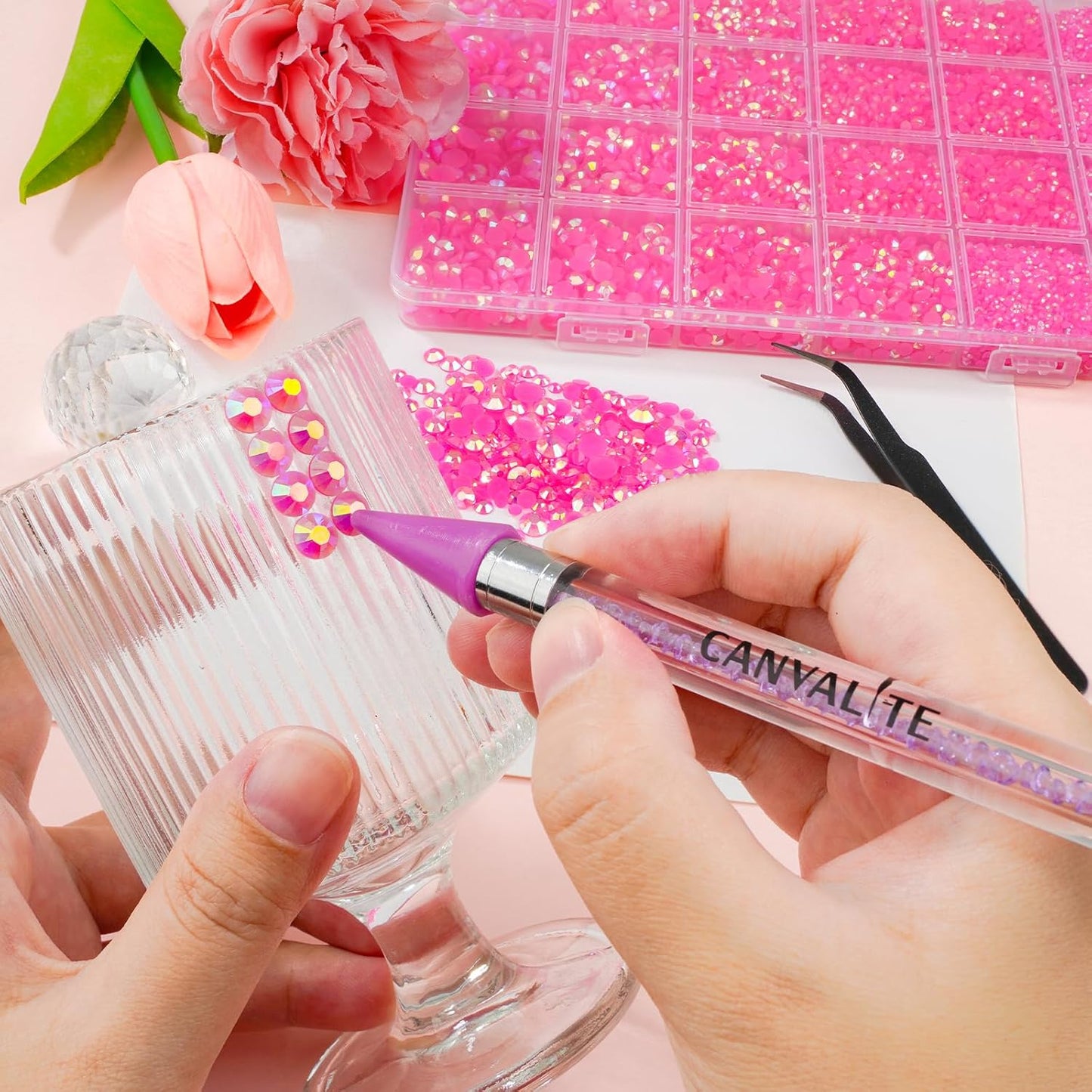 Canvalite 25000PCS Resin Jelly Rhinestones for Crafting,Hot Pink AB Flatback Gems, Bedazzling Crystal with 5x2.5g B7000 Jewelry Glue and Tweezers Dotting Pen for DIY Crafts Clothing Shoes Nail Art
