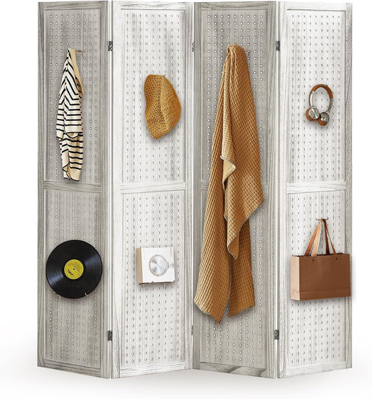 Room Divider, Room Partitions and Dividers, 4 Panel Room Divider Panel, Pegboard Display Board with 16 Hooks for Bedroom, Bazaar, Jewelry Display Stand, White