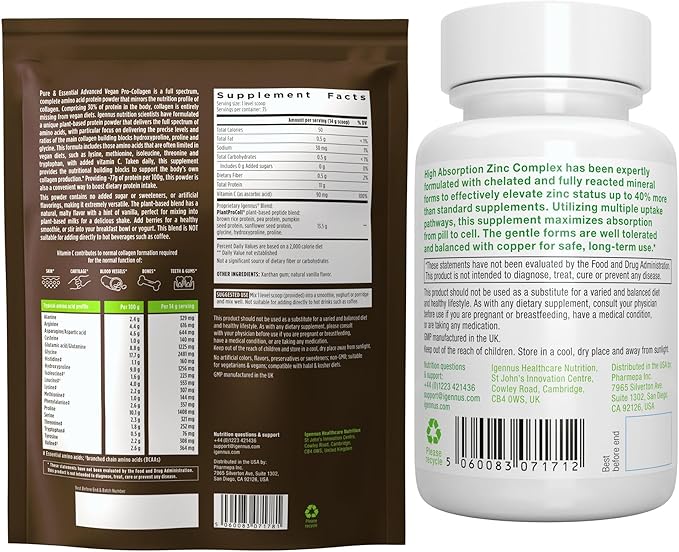 Vegan Vanilla Collagen Protein Powder + Zinc Complex Vegan Bundle for Skin, Hair & Nails. Complete Collagen Boosting Formula + 25mg Chelated Zinc, by Igennus