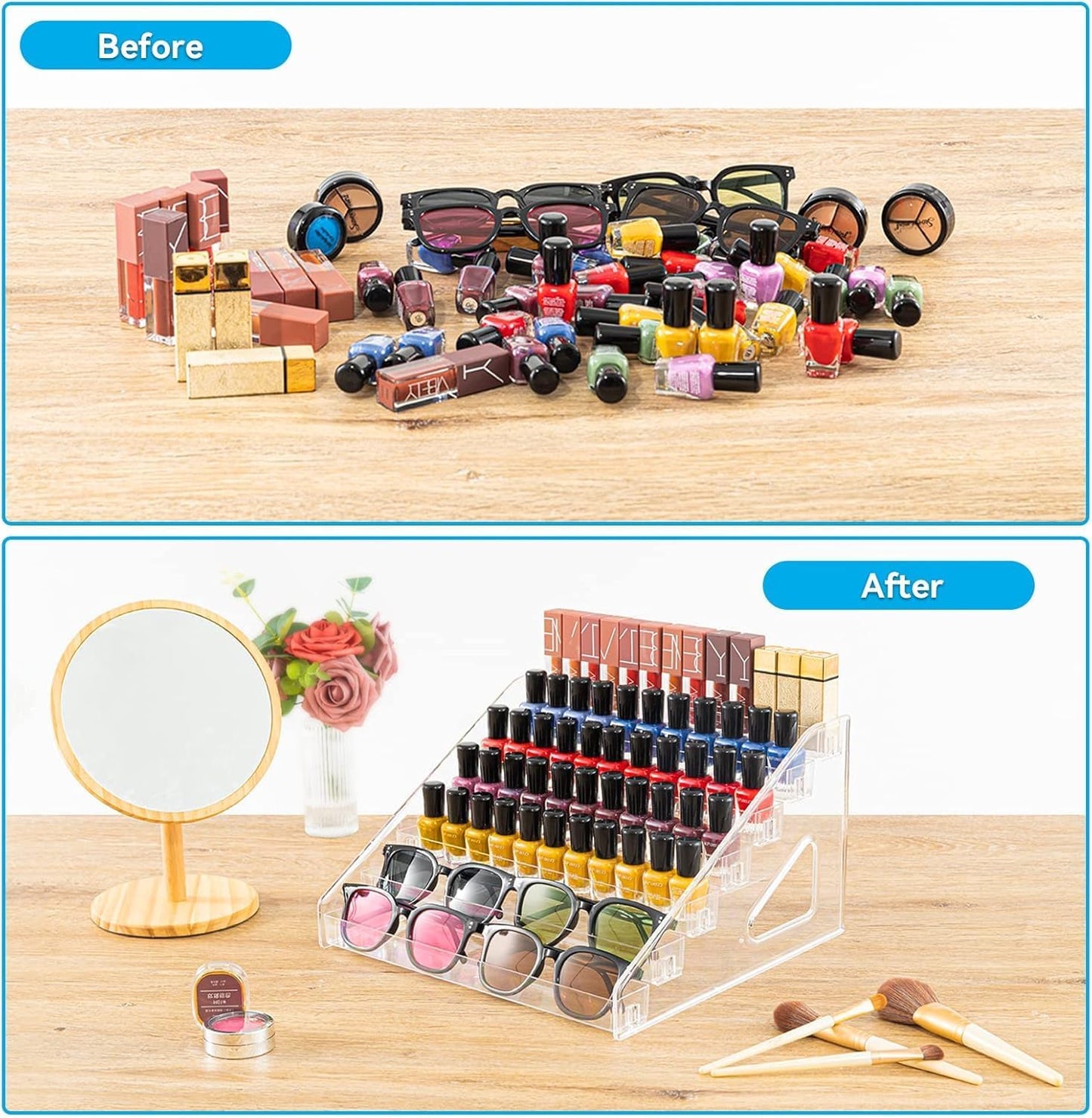 Pero Pero Nail Polish Organizer Acrylic Display Rack for Nail Polish Holder Sunglasses Organizer Essential Oils Holder Clear Eyeglasses Display Case Makeup Organizer