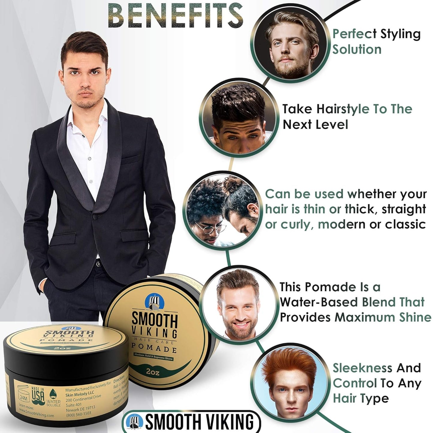Smooth Viking Medium Hold & High Shine Pomade - Water Based Hair Cream for Curly, Thick & Straight Hair - Men's Hair Product - Made in USA, 2oz
