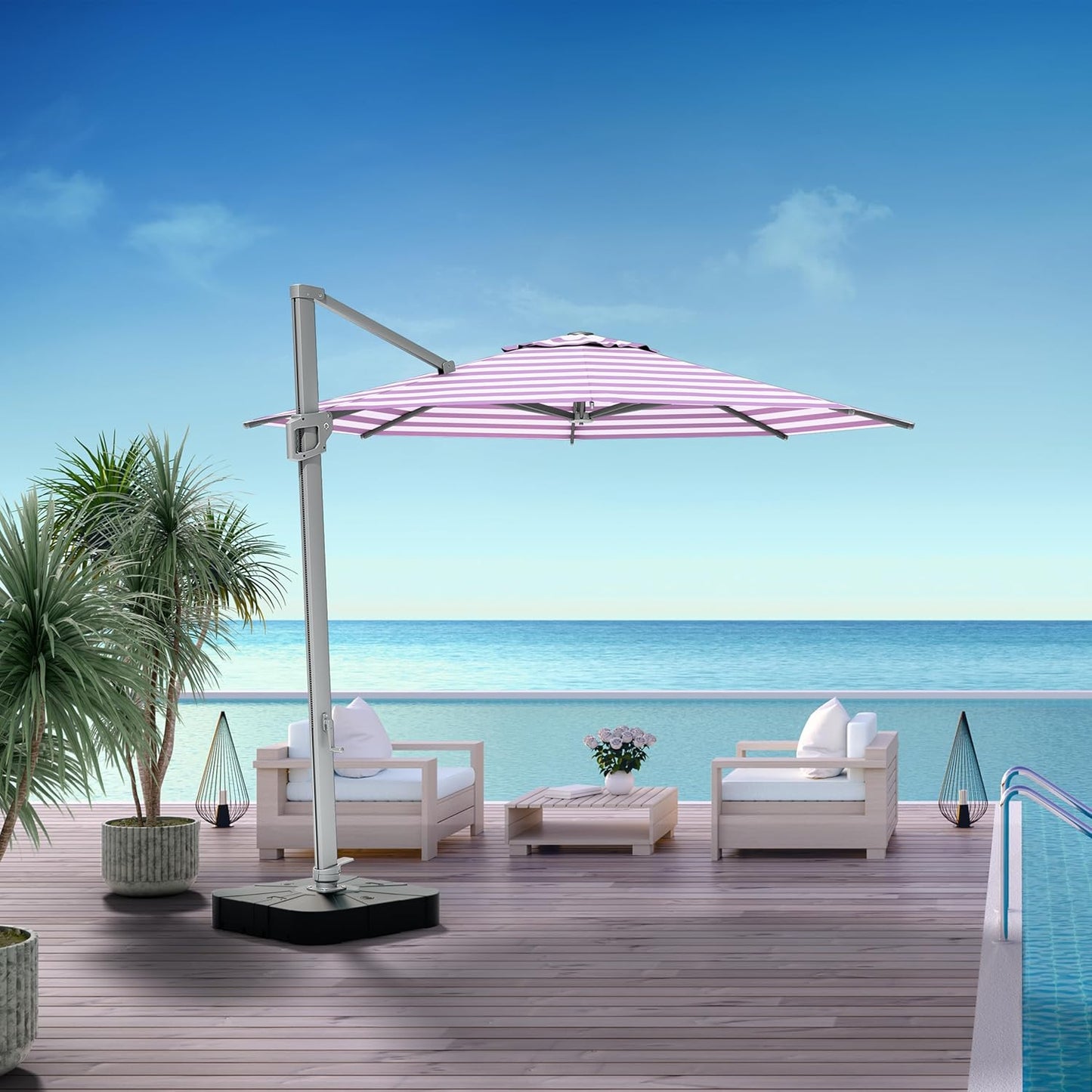 Midtown Umbrellas 10 Ft Outdoor Cantilever Patio Umbrella w/Terylast Midtown Stripes Fabric - Rotate 360° Offset Patio Umbrella, Deck Patio Umbrella, Backyard Umbrella & Garden Umbrella - Silver Frame