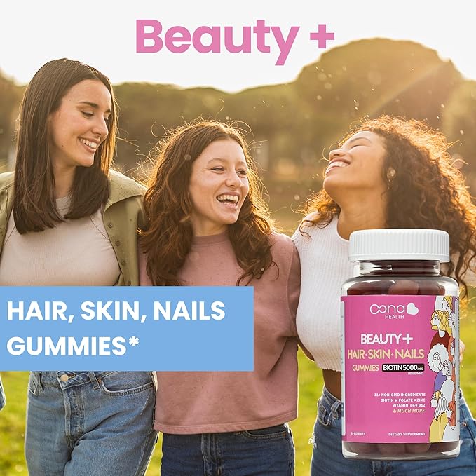Beauty+ Hair Nails and Skin Vitamins - Biotin Gummies 5,000 Mcg - Folate - Vitamin B Complex B5, B6, B12 - Biotin Vitamins - Faster Hair Growth Gummies, Stronger Nails, Healthy Skin Care