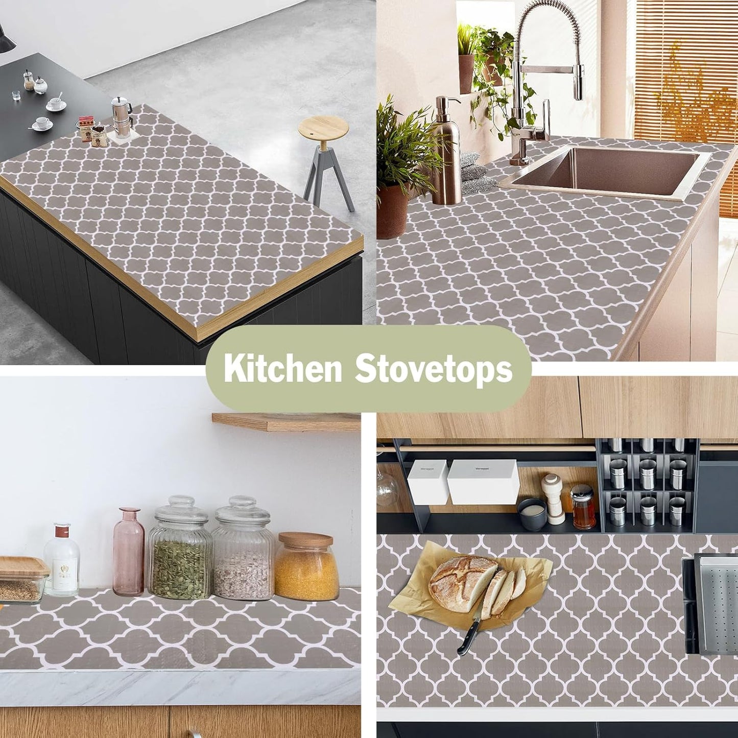 Drawer and Shelf Liner for Kitchen Cabinet: 17 in X 20 Ft Non Slip Waterproof Shelf Paper Non Adhesive Refrigerator Liners Gray Quatrefoil Easy Liners for Bathroom Cupboard with Knife Tape Measure