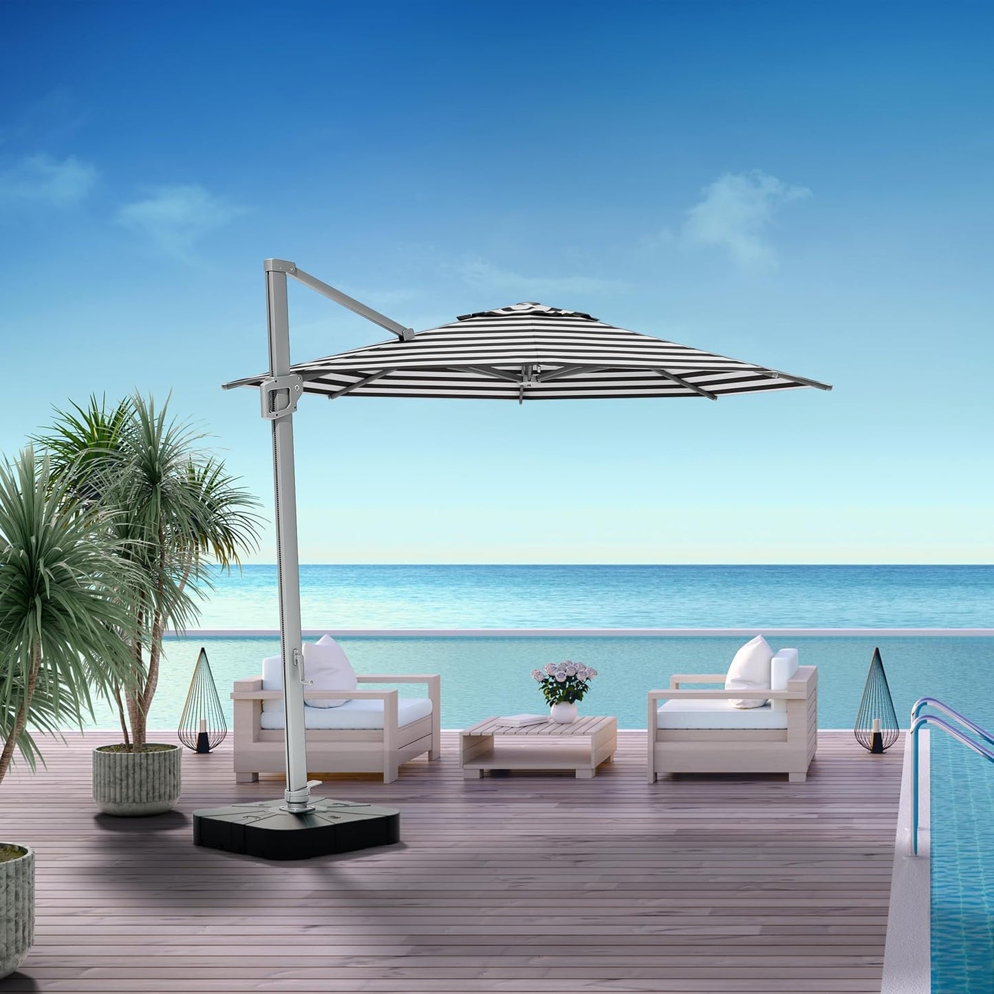 Midtown Umbrellas 10 Ft Outdoor Cantilever Patio Umbrella w/Terylast Black & White Stripes - Rotate 360° Offset Patio Umbrella, Deck Patio Umbrella, Backyard Umbrella & Garden Umbrella - Silver Frame