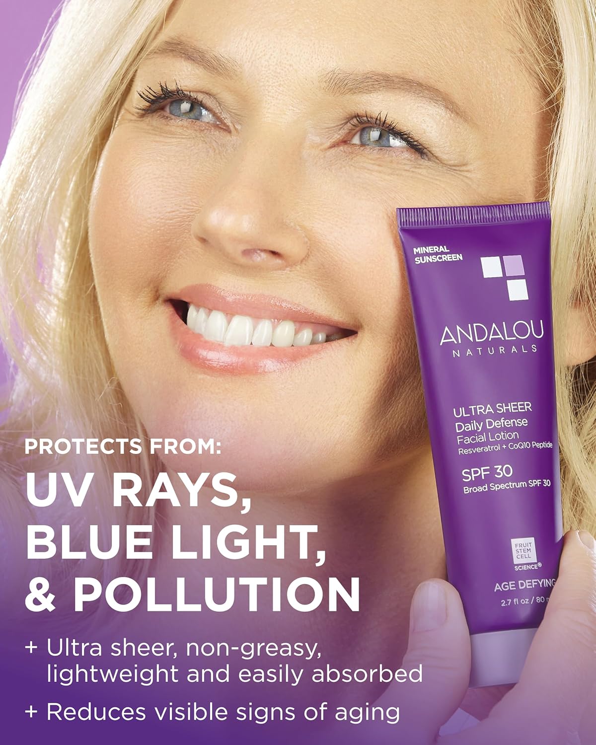 Andalou Naturals Age Defying Ultra Sheer Daily Defense Mineral Sunscreen SPF 30 | Face Lotion with Zinc Oxide | Lightweight Anti-Aging Sun Protection | 2.7 fl oz