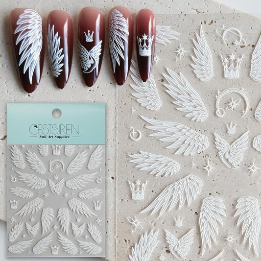 White Wings Nail Art Stickers, Embossed Decals, Self-Adhesive Design, Accessories and Supplies for Women