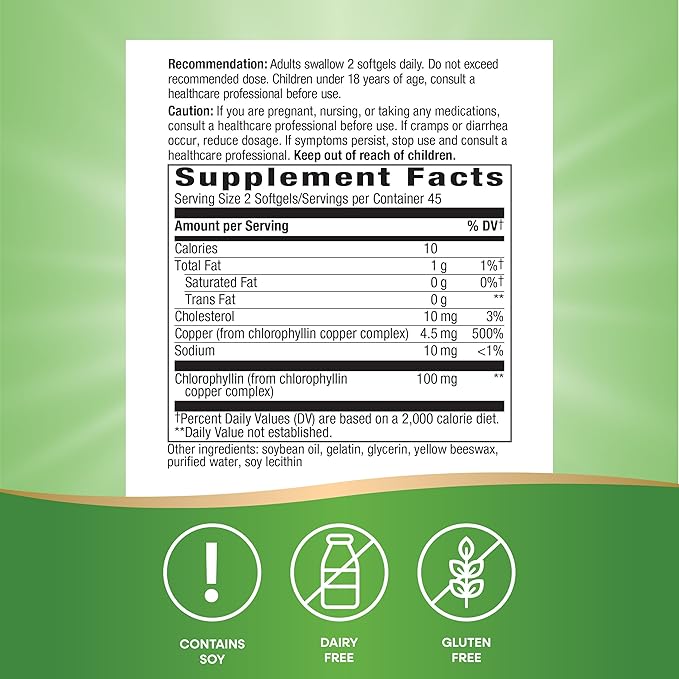 Nature’s Way Chlorofresh Chlorophyll Concentrate, Supports Detox Pathways*, Chlorophyllin Copper Complex, Supports Healthy Skin*, Internal Deodorant*, 90 Softgels (Packaging May Vary)