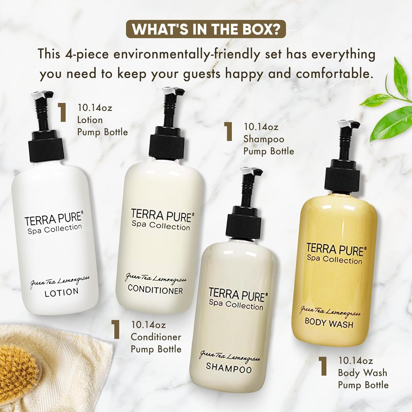 Terra Pure Spa Collection Amenities Set,10.14oz. Pumps (1 of Each) Shampoo, Conditioner, Hand/Body Wash, and Lotion