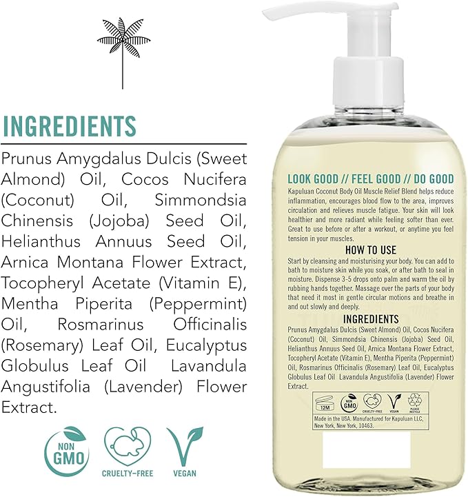 Massage Body Oil - Muscle Relief Blend with Arnica, Peppermint & Rosemary – for Muscles, Joints, Full Body Massage 8oz