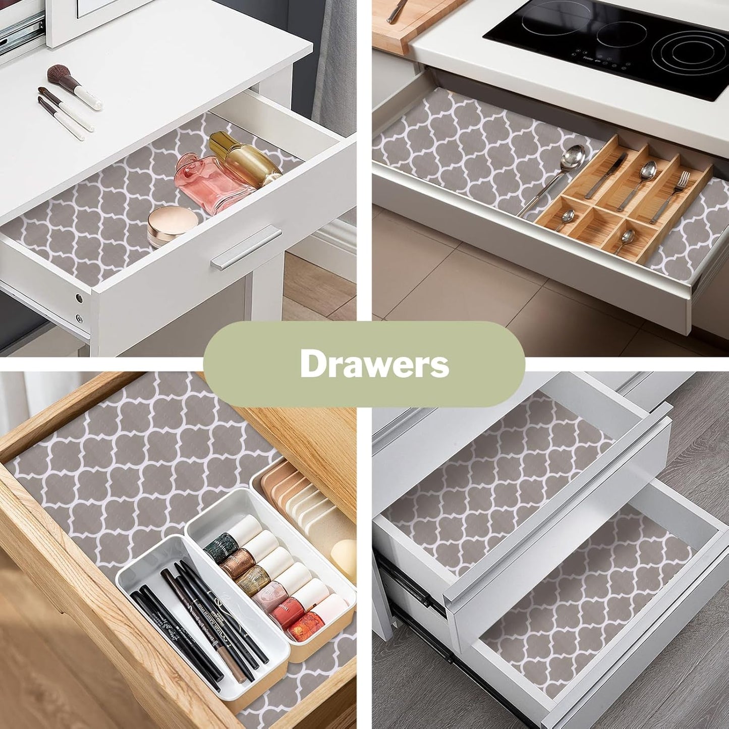 Drawer and Shelf Liner for Kitchen Cabinet: 17 in X 30 Ft Non Slip Waterproof Shelf Paper Non Adhesive Refrigerator Liners Gray Quatrefoil Easy Liners for Bathroom Cupboard with Knife Tape Measure
