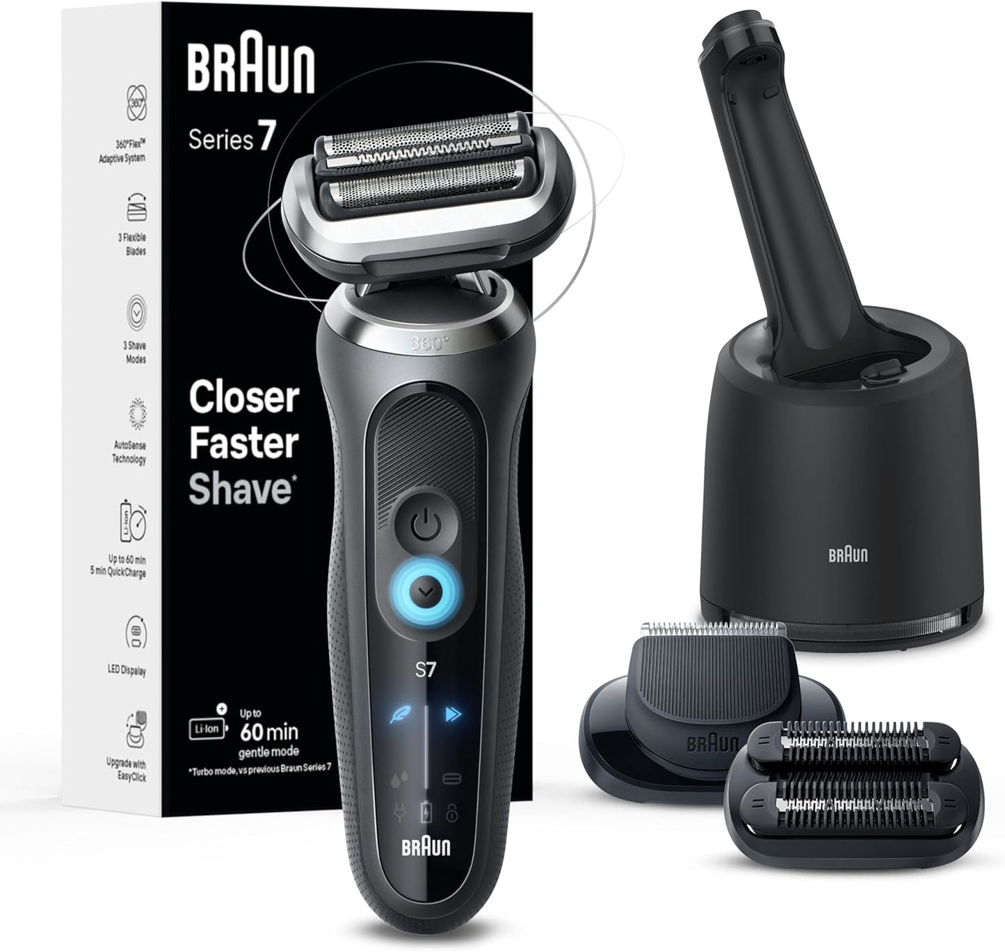 Braun Electric Shaver for Men, Series 7 7185cc, Waterproof, Wet & Dry Shave, Shaving Kit with SmartCare Center and Beard Trimmer, 3 Shave Modes, 60 Minute Battery Runtime, 10 Piece Set