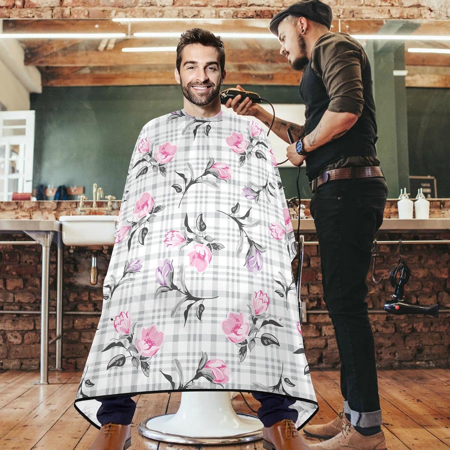 visesunny Barber Cape Beautiful Flowers Pattern Polyester Hair Cutting Salon Cape Apron Anti-Static Haircut Water-Resistant Shaving Cloth Beard Shaving Bib Hairdressing Cape