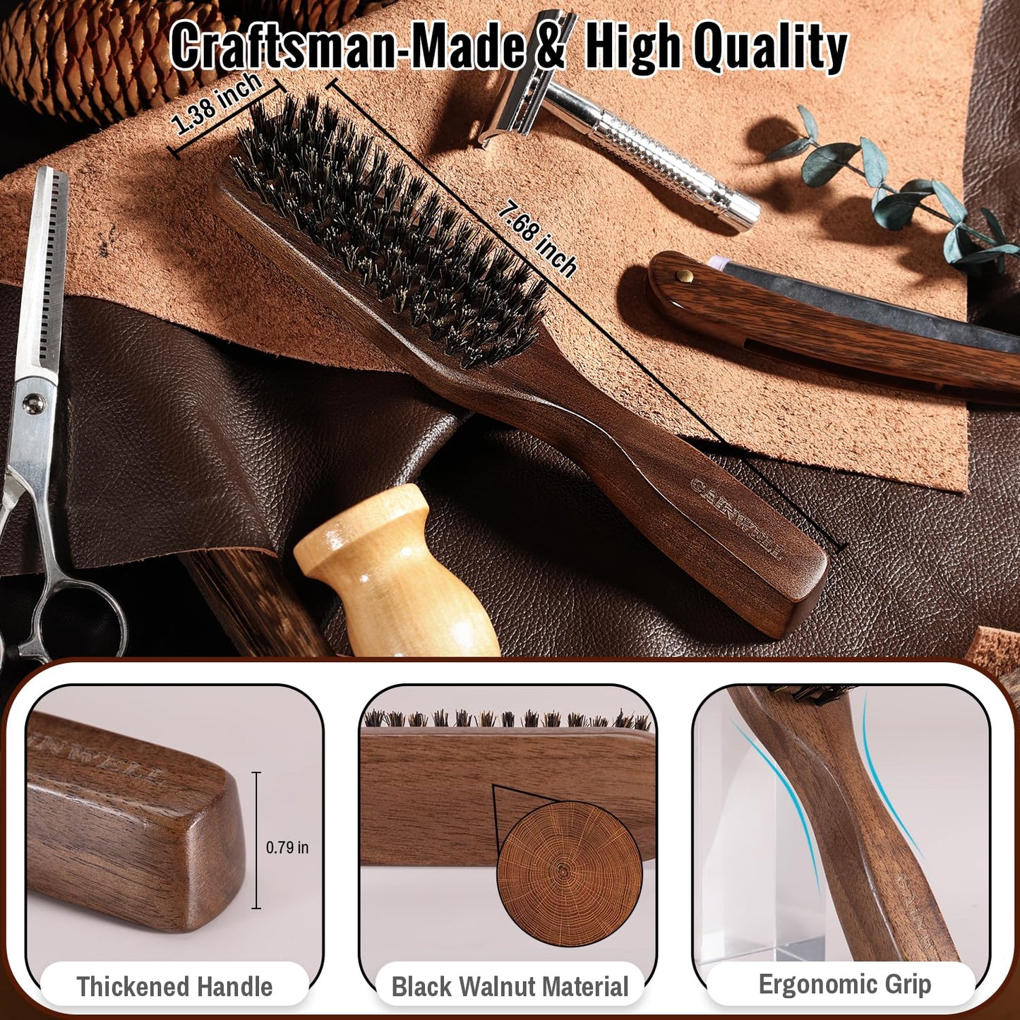 Mens Wild Boar Bristle Hair Brush for Men - Slick Back Hair Brush - Stiff Bristles for Thick Hair, Natural Black Walnut Wooden Handle Hairbrush, Beard Mustache Brush Comb by GAINWELL