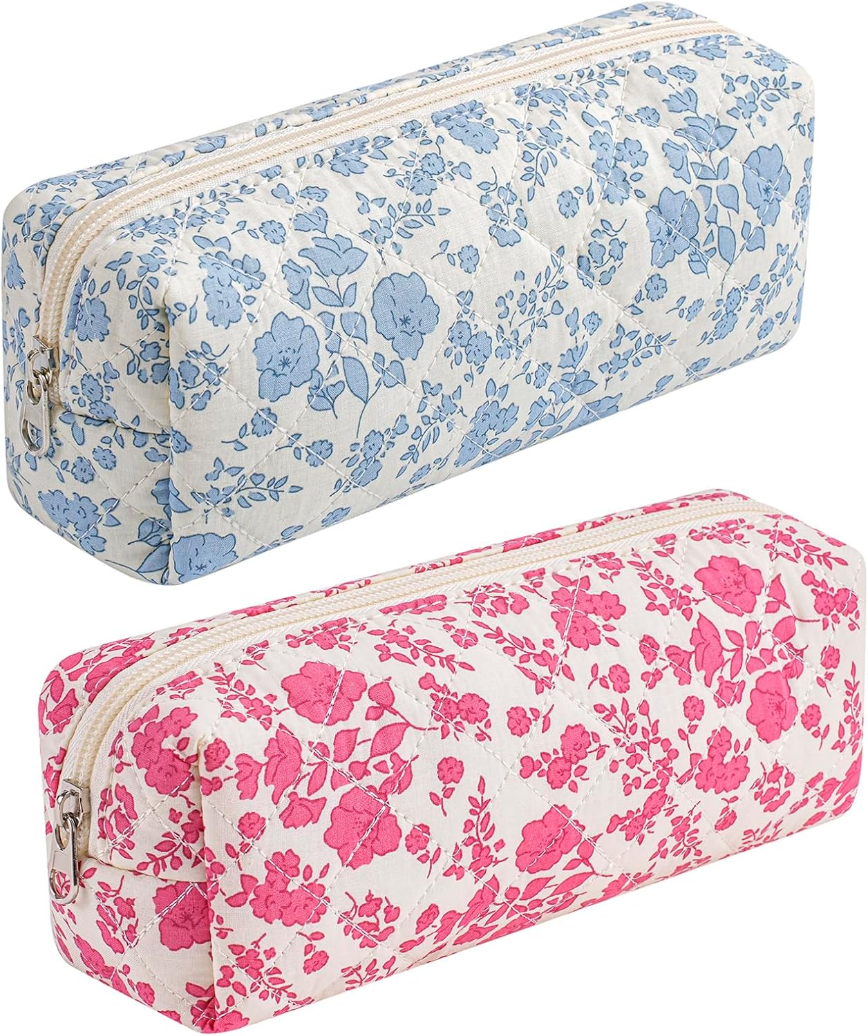 Cute Floral Cotton Makeup Brush Cosmetic Bag for Women, Travel Quilted Zipper Make Up Bag, Flowers Toiletry Organizer Case Kawaii Makeup Cosmetic Travel Cloth Pouch (Blue+Big Red Floral)