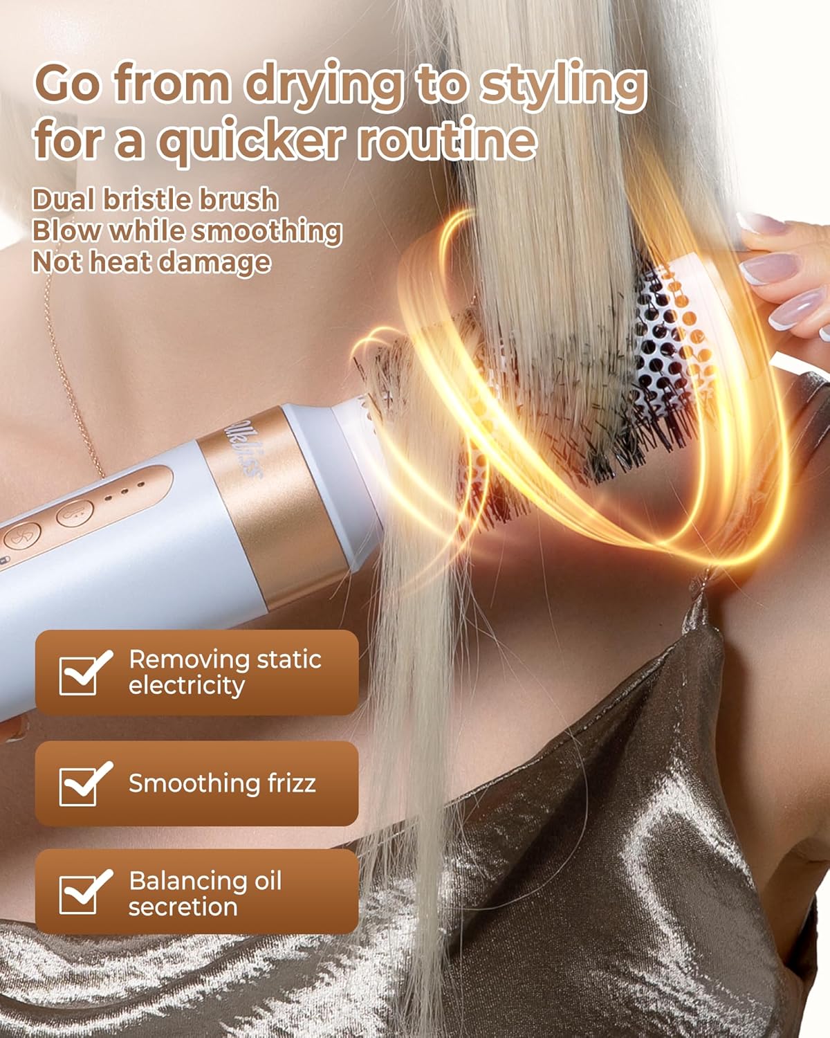 UKLISS Hair Dryer Brush 7 in 1，110000 RPM Hair Dryer with Diffuser for Curly & Twisted Hair Professional Ionic Brush Blow Dryer for Salon-Quality Styling, White Gold