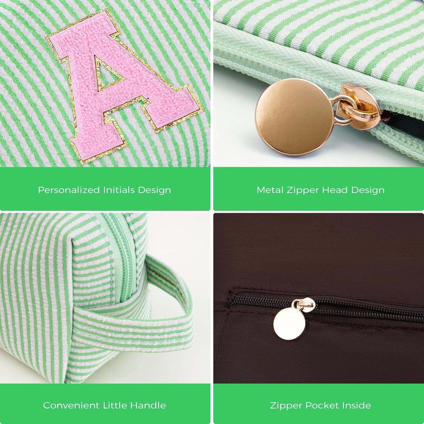 Makeup Bag Set Initials Cosmetic Bag,Gifts for 10 11 12 13 14 15 16 17 18 Years Old Girl Girlfriend Teen Girls Gift Trendy Stuff Personalized Toiletry Bag Travel - Green,A